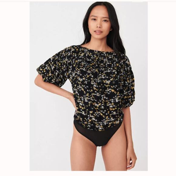 NEW Free People Dessa Bodysuit Top Medium Floral Pleated Puff Sleeve Tie Back - Picture 1 of 11